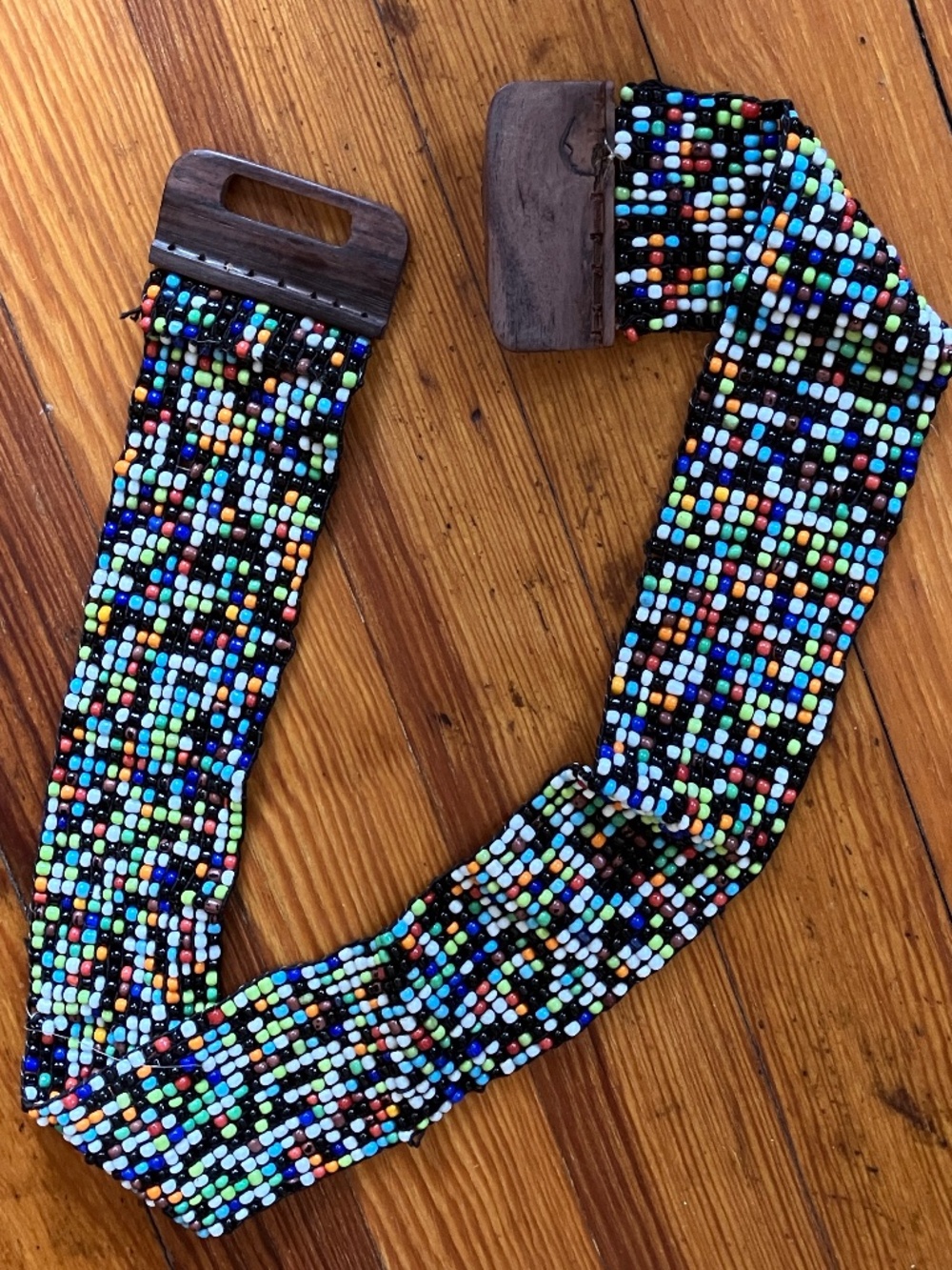 Vintage Multicolor Beaded Boho Stretch Belt with Wood Buckle